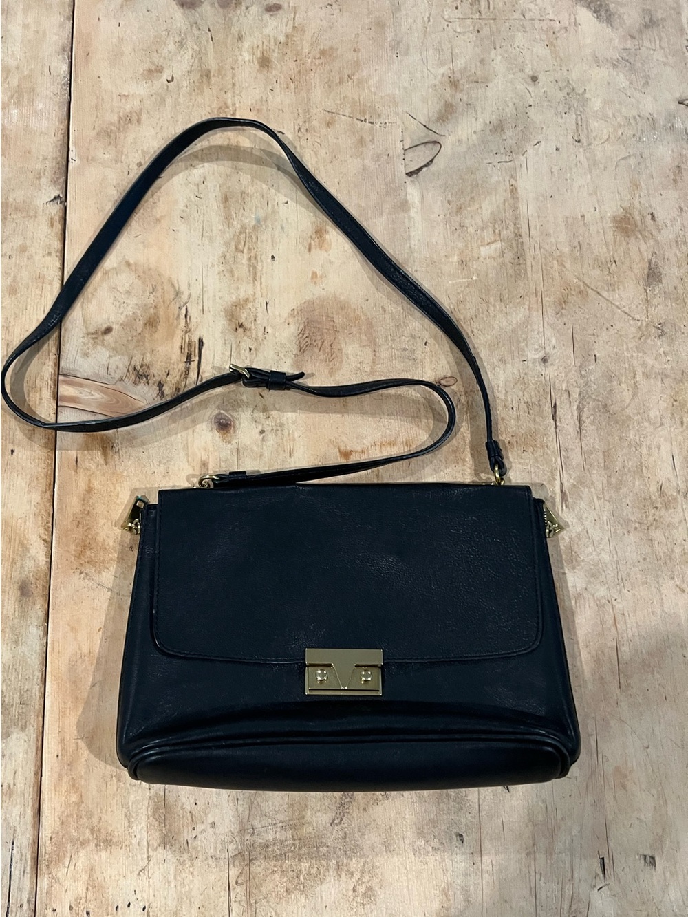 J. Crew Classic Black and  Navy Leather Crossbody Bag with Gold Hardware